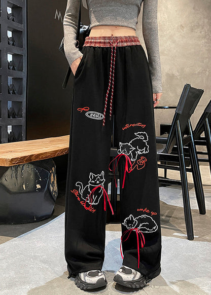 Grey Pockets Print Elastic Waist Cotton Pants Fall