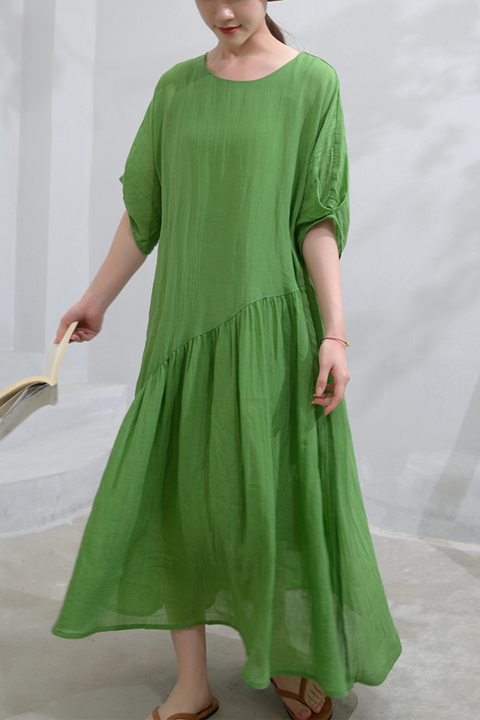 Summer Simple Puff Sleeve Dress Ramie Pleated Dress