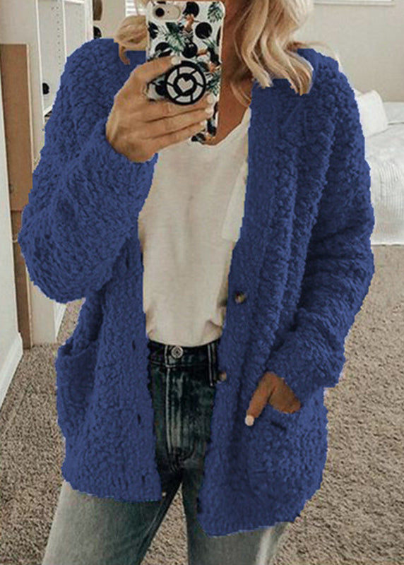 Red Pockets Button Woolen Loose Coat Fall