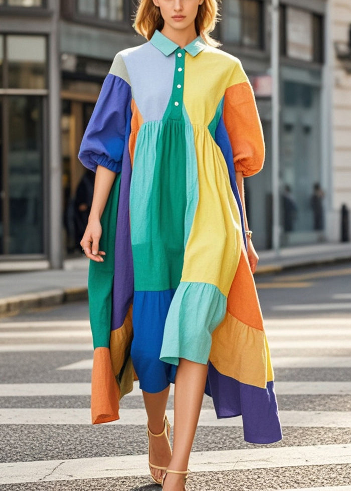 Asymmetrical Patchwork Exra Large Hem Chiffon Holiday Dress Half Sleeve