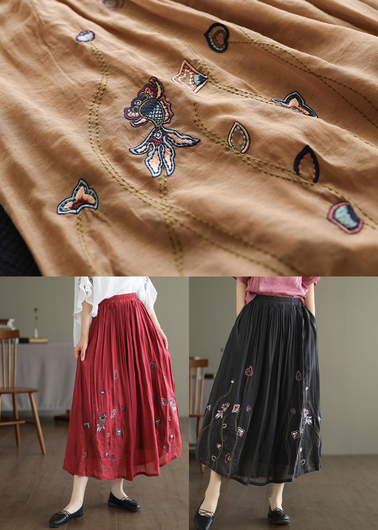 Italian Khaki Embroidered Exra Large Hem Linen Silk Skirts Spring