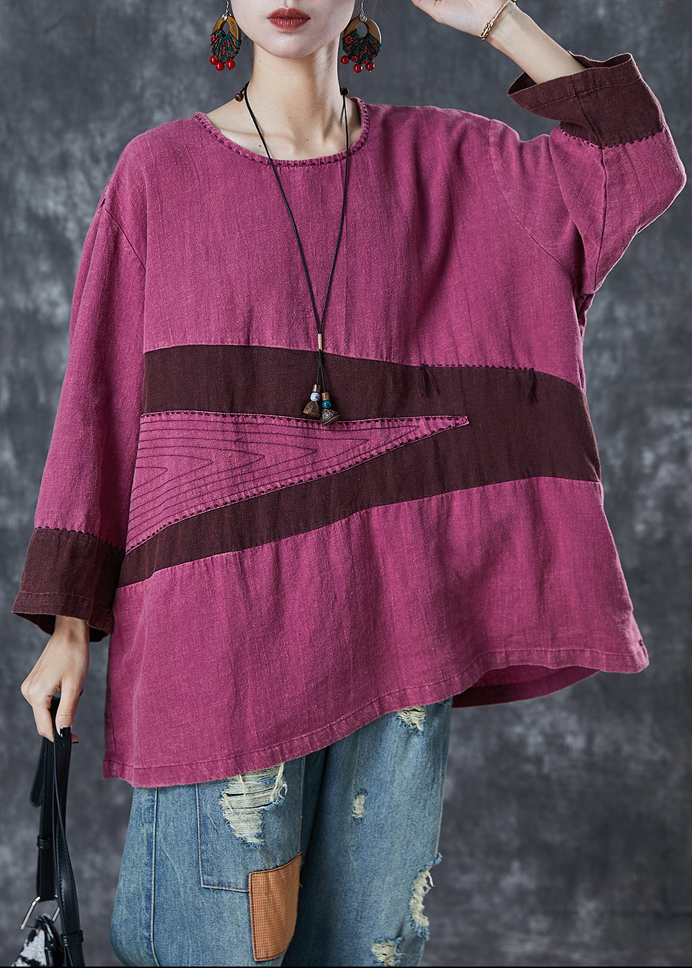 Rose Oversized Patchwork Linen Blouses Spring
