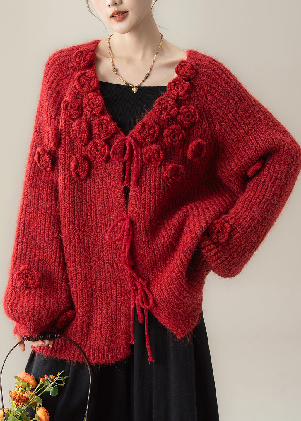 Red V Neck Knit Sweaters and Skirts Two Piece Set Winter