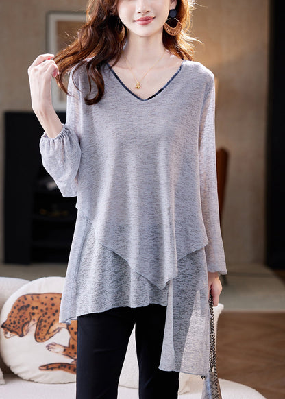 Loose Grey Asymmetrical Thin Knit T Shirts Fall