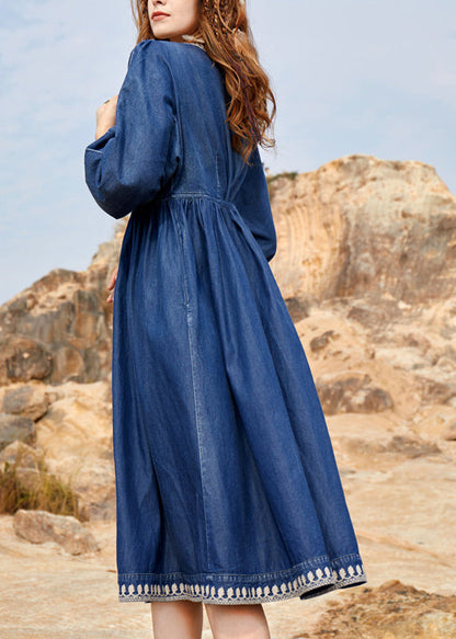 Navy V Neck Embroidered Patchwork Denim Maxi Dresses Spring