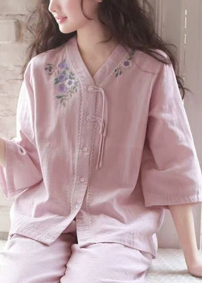 Original Purple Embroidered Button Cotton Pajamas Two Piece Set Bracelet Sleeve