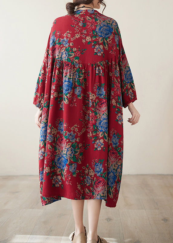 Red O Neck Print Wrinkled Cotton Dress Summer