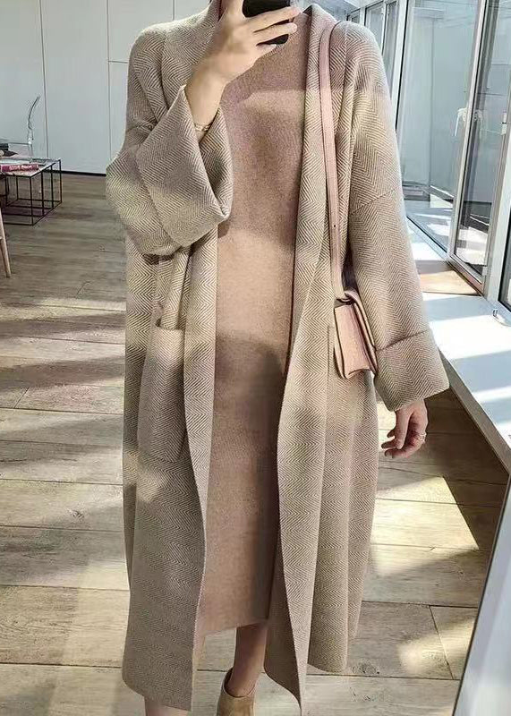 Light Camel Peter Pan Collar Pockets Knit Cardigan Fall