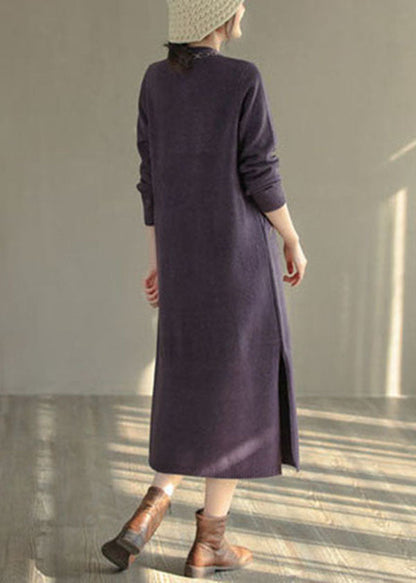 Purple Stand Collar Embroidered Knit Sweater Dress Winter