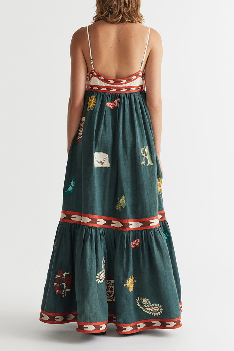 Vacation Graffiti Print Patchwork Square Neck Sling Dresses