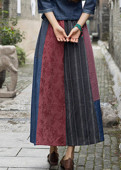 Novelty Navy Blue Print Patchwork Embroidered Tassel High Waist Maxi Skirts