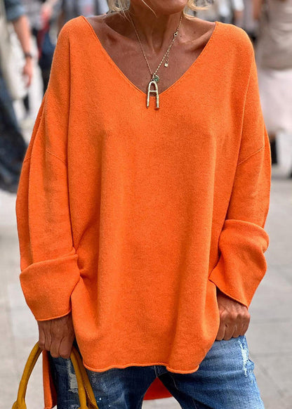 Orange V Neck Knit Sweaters Top Fall