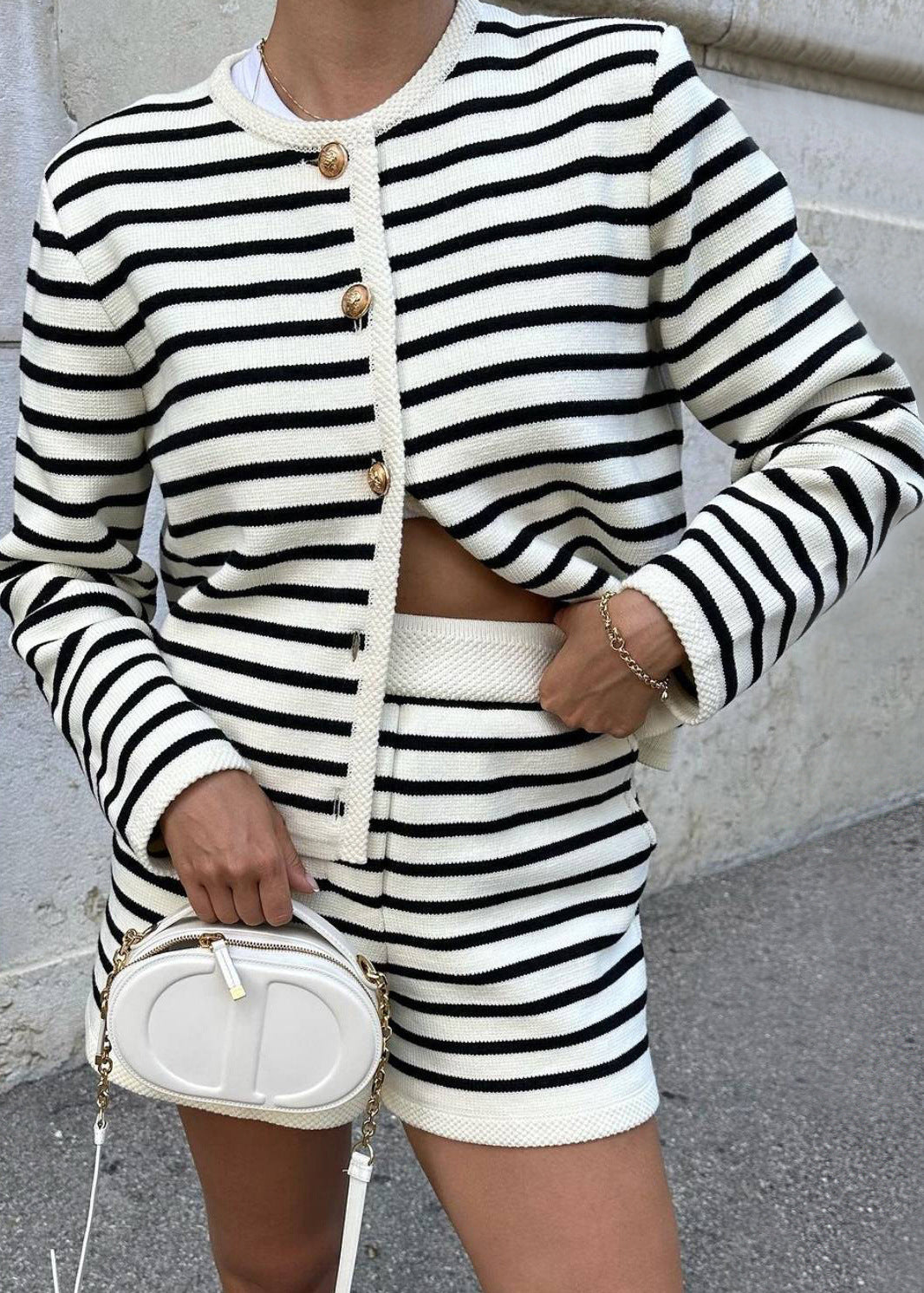White O Neck Striped Knit Two Pieces Set Fall
