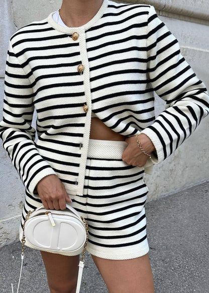 White O Neck Striped Knit Two Pieces Set Fall