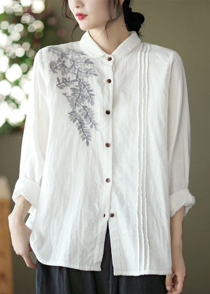 White Peter Pan Collar Embroidered Cotton Blouse Top Spring