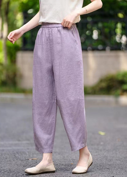 Purple Pockets Elastic Waist Linen Crop Pants Summer