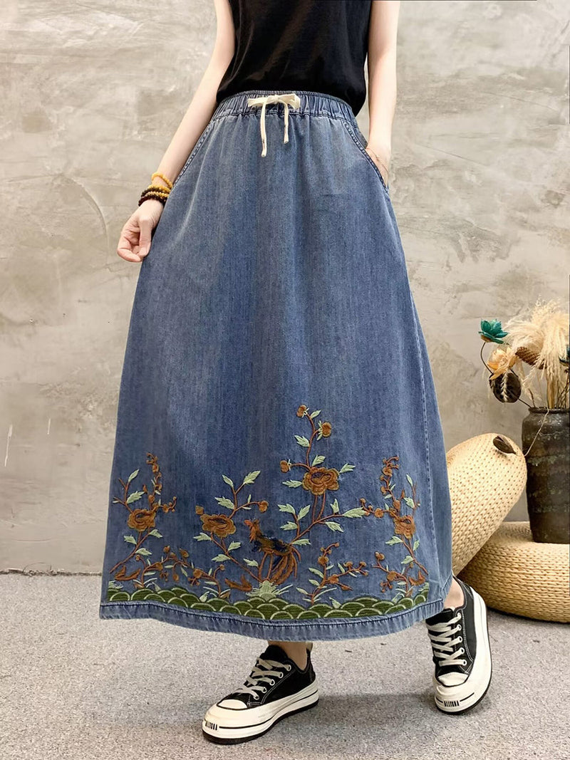 Summer Artsy Flower Embroidert Denim Skirt