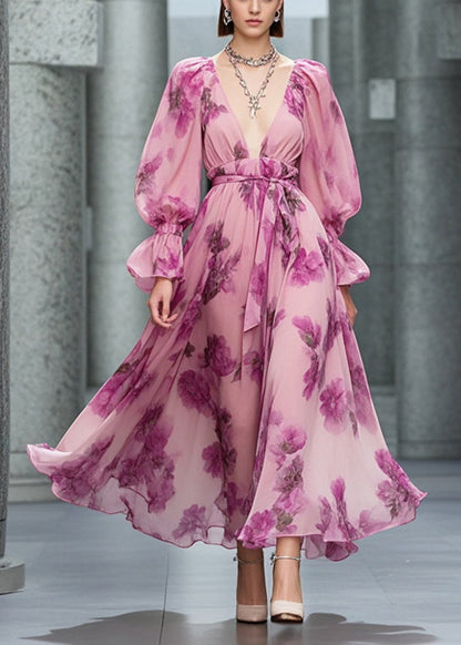 Diy Pink Deep-v Neck Print Chiffon Vacation Dresses Fall