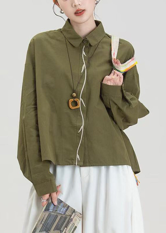 Army Green Embroidered Oversized Cotton Shirts Spring
