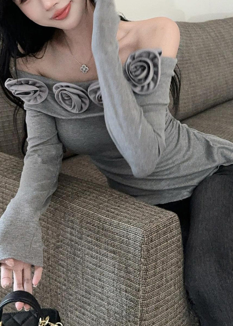 Grey Slash Neck Cold Shoulder Wrinkled Tops Long Sleeve