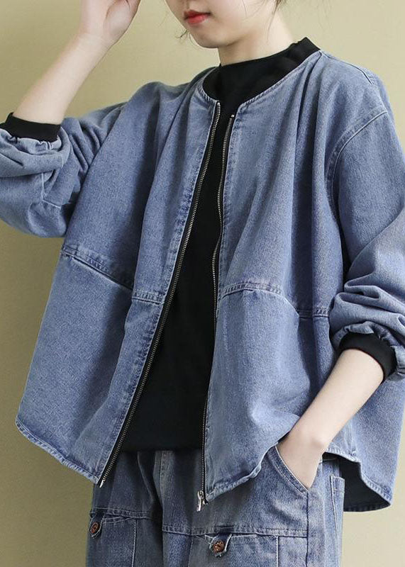 Blue Stand Collar Patchwork Cotton Denim Coats Fall