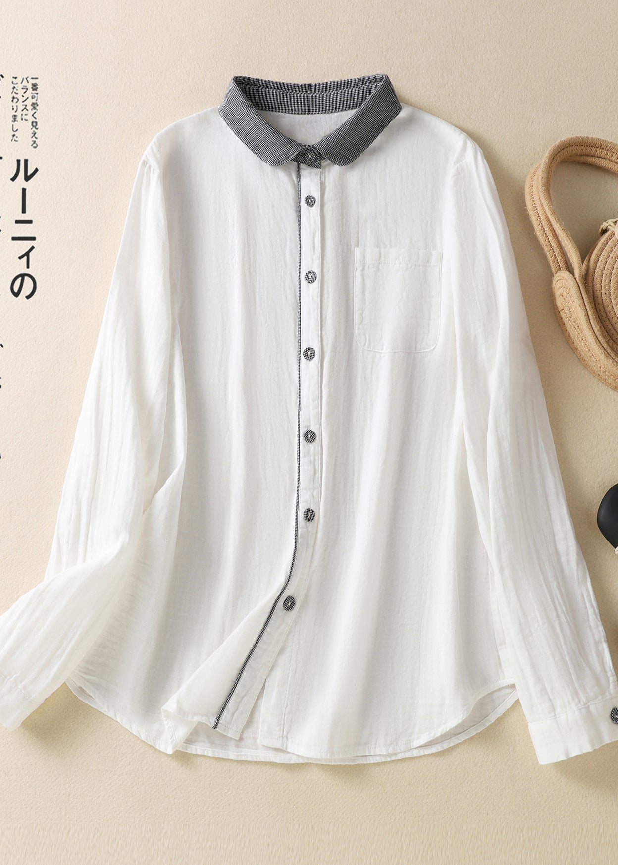 White Peter Pan Collar Patchwork Linen Shirt Top Spring