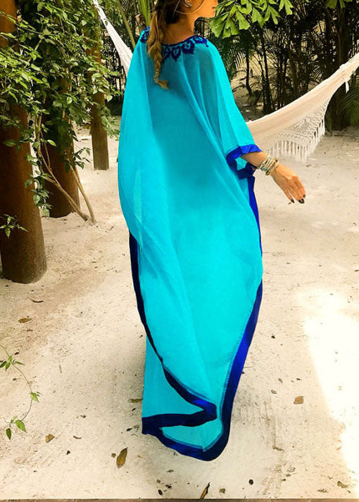 Blue Embroidered Chiffon Beach Gown Summer Dress