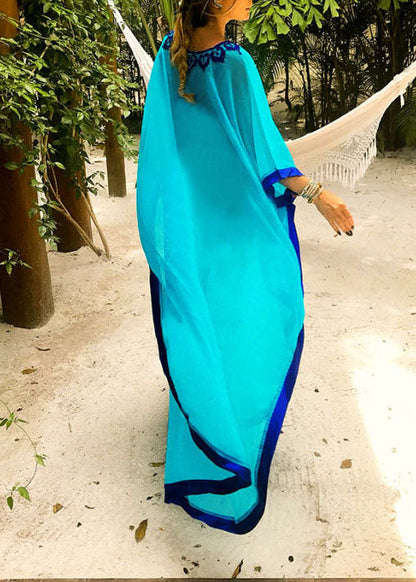 Blue Embroidered Chiffon Beach Gown Summer Dress