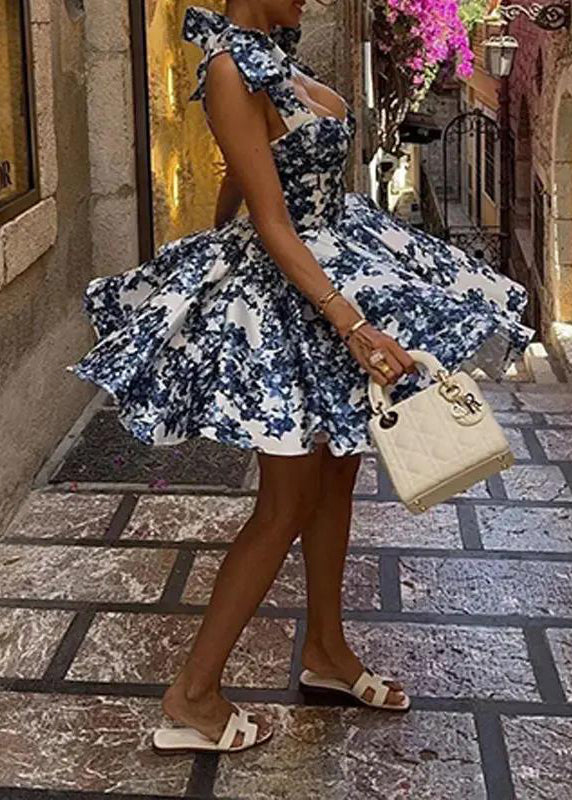 Stylish Blue Lace Up Print Wrinkled Cotton Mid Dresses Summer