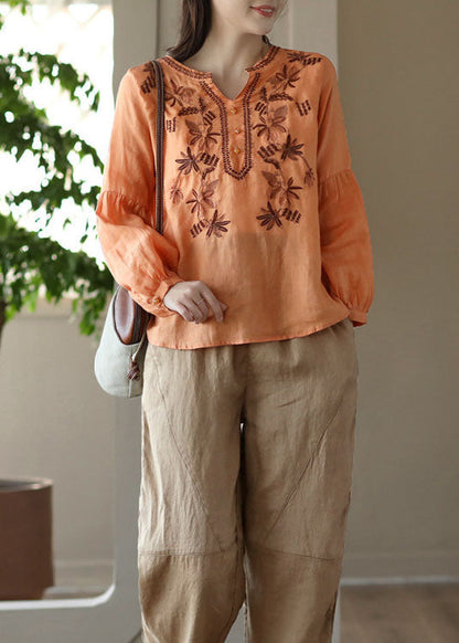 Orange Embroidered Wrinkled Patchwork Linen T Shirt Spring