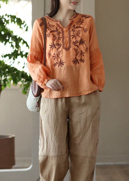 Orange Embroidered Wrinkled Patchwork Linen T Shirt Spring