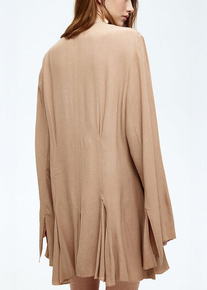 Khaki Lace Up Cotton Mini Dress Flare Sleeve