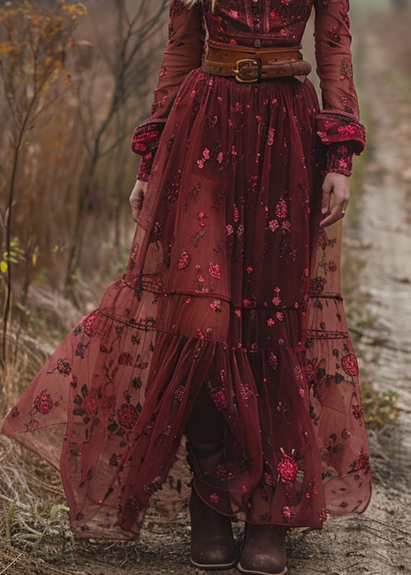 Loose Red Print Patchwork Exra Large Hem Tulle Dresses Fall
