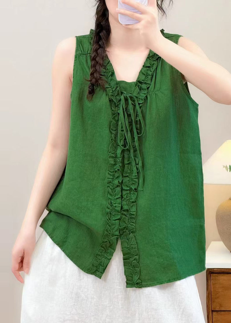 Green Ruffled Lace Up Linen Blouse Top Summer