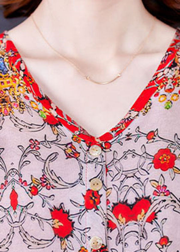 Red V Neck Print Draping Chiffon Long Dresses Short Sleeve