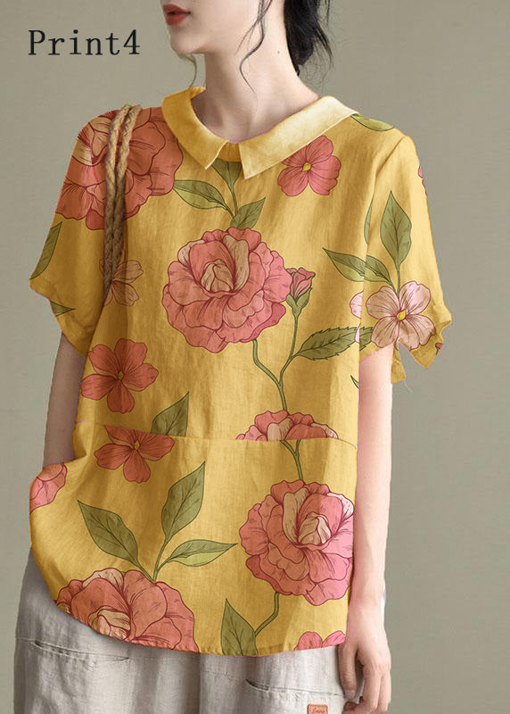 Simple Blue Hem Peter Pan Collar Patchwork Summer Linen Blouses