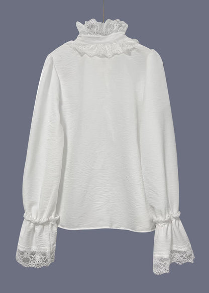 White V Neck Lace Patchwork Cotton Shirts Spring