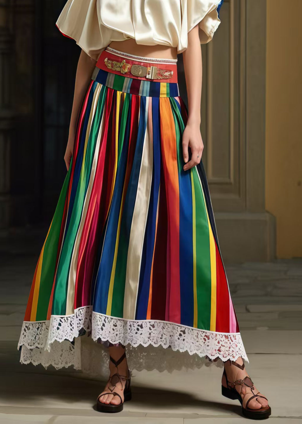 Multicolour Striped High Waist Patchwork Lace Skirts Summer