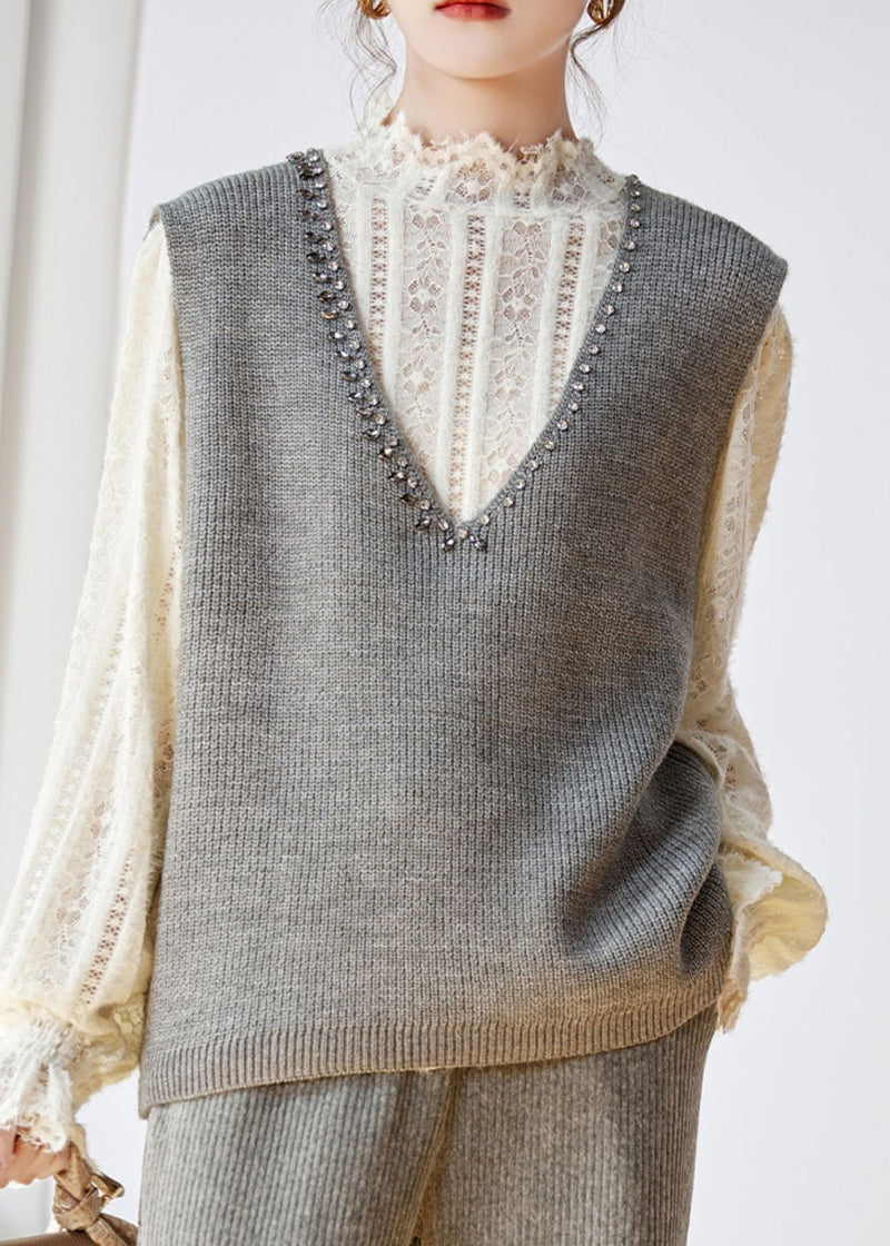 Grey V Neck Zircon Patchwork Knit Waistcoat Sleeveless