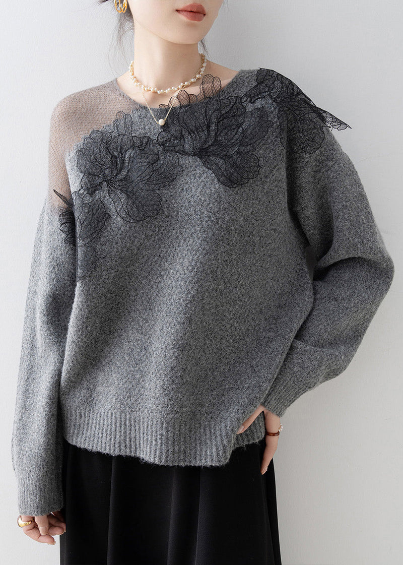 Original Design Grey O-neck Knit Sweaters Spring