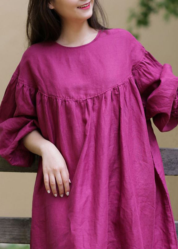 Loose Rose O Neck Button Cotton Long Dress Fall
