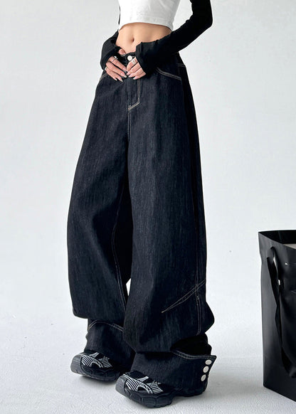 Black High Waist Patchwork Straight Denim Pants Spring