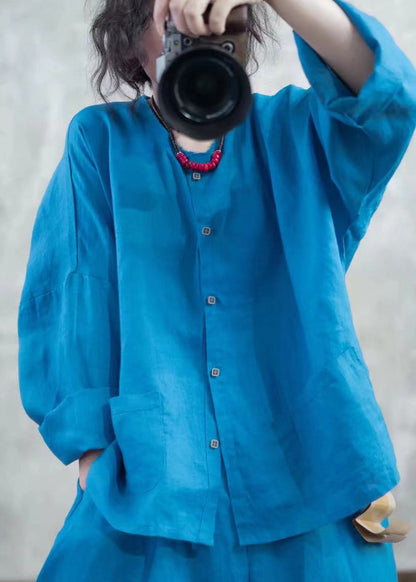 Blue O Neck Button Pockets Linen Shirt Top Spring
