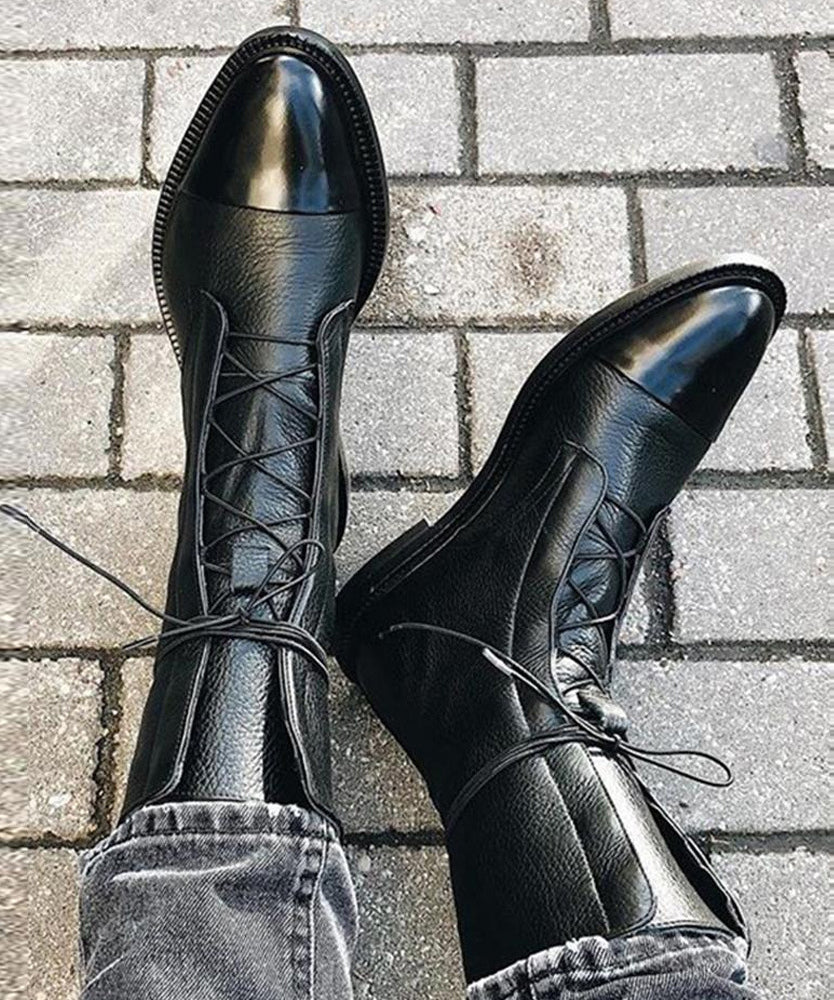 Black Faux Leather Cross Strap Splicing Boots