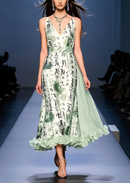 Light Green Print Exra Large Hem Silk Cami Dresses Sleeveless