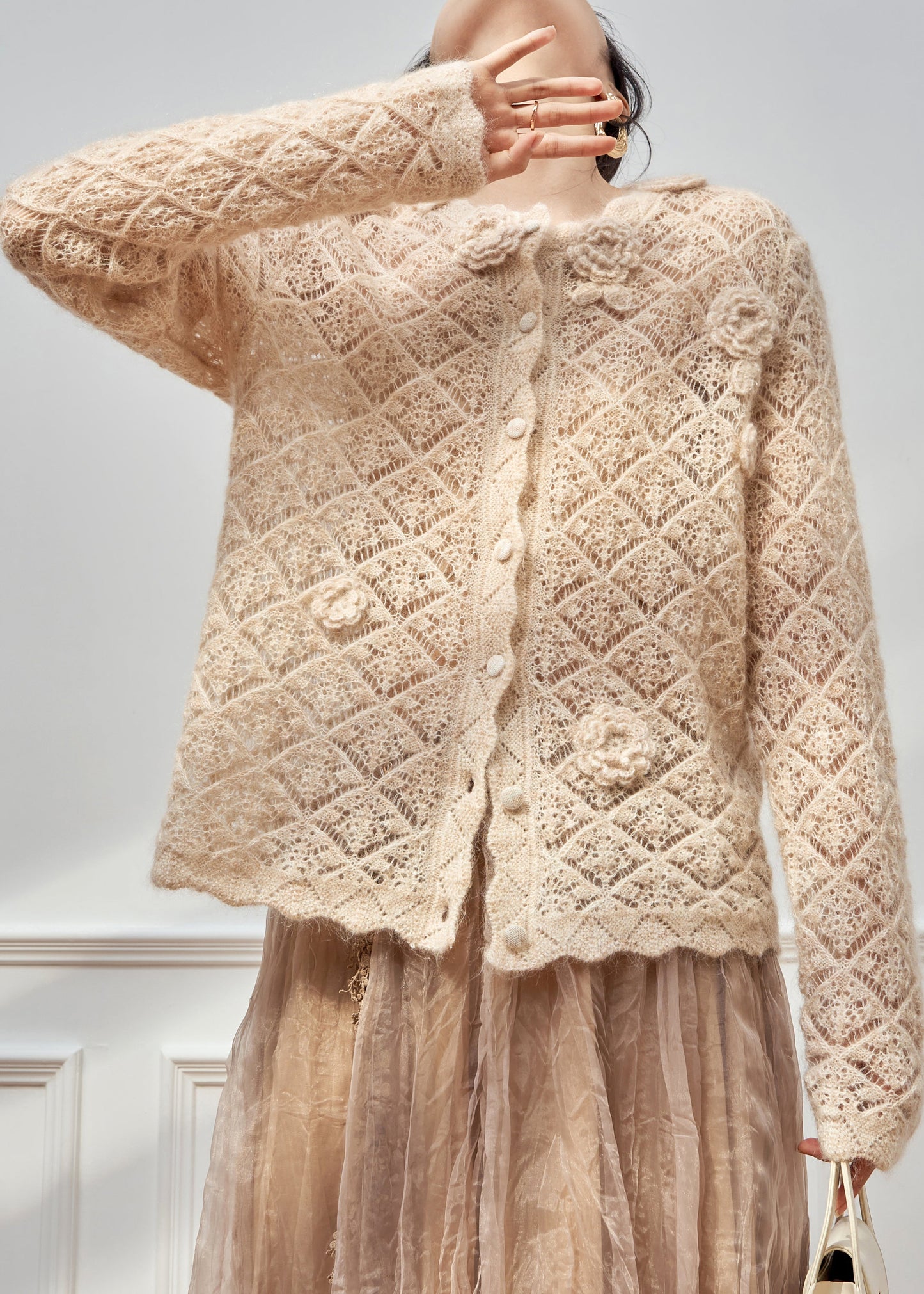Art Apricot Hollow Out Button Knit Sweater Spring