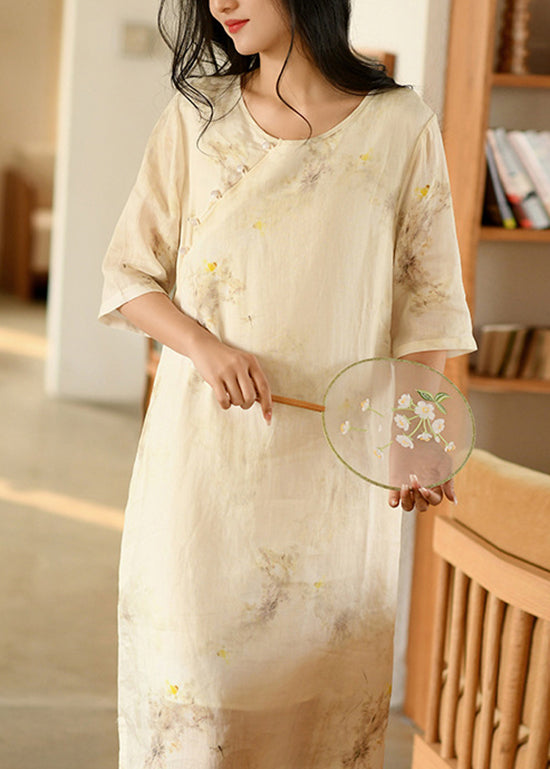 New Apricot O Neck Print Linen Long Dresses Summer