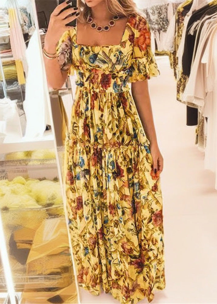 Apricot Square Neck Print Ruffle Waist Dress Summer