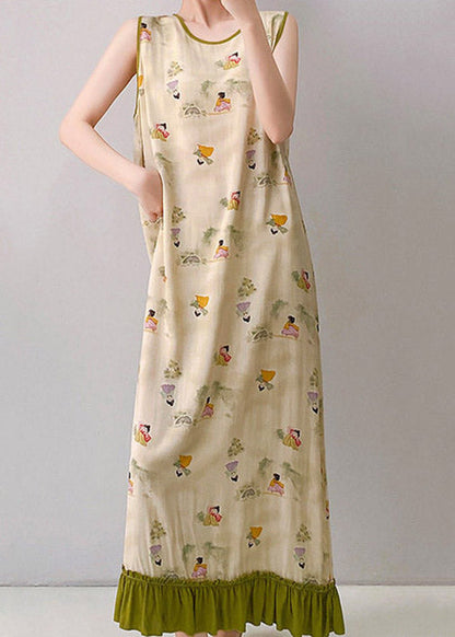Loose Blue Patchwork Ruffled Maxi Dresses Sleeveless