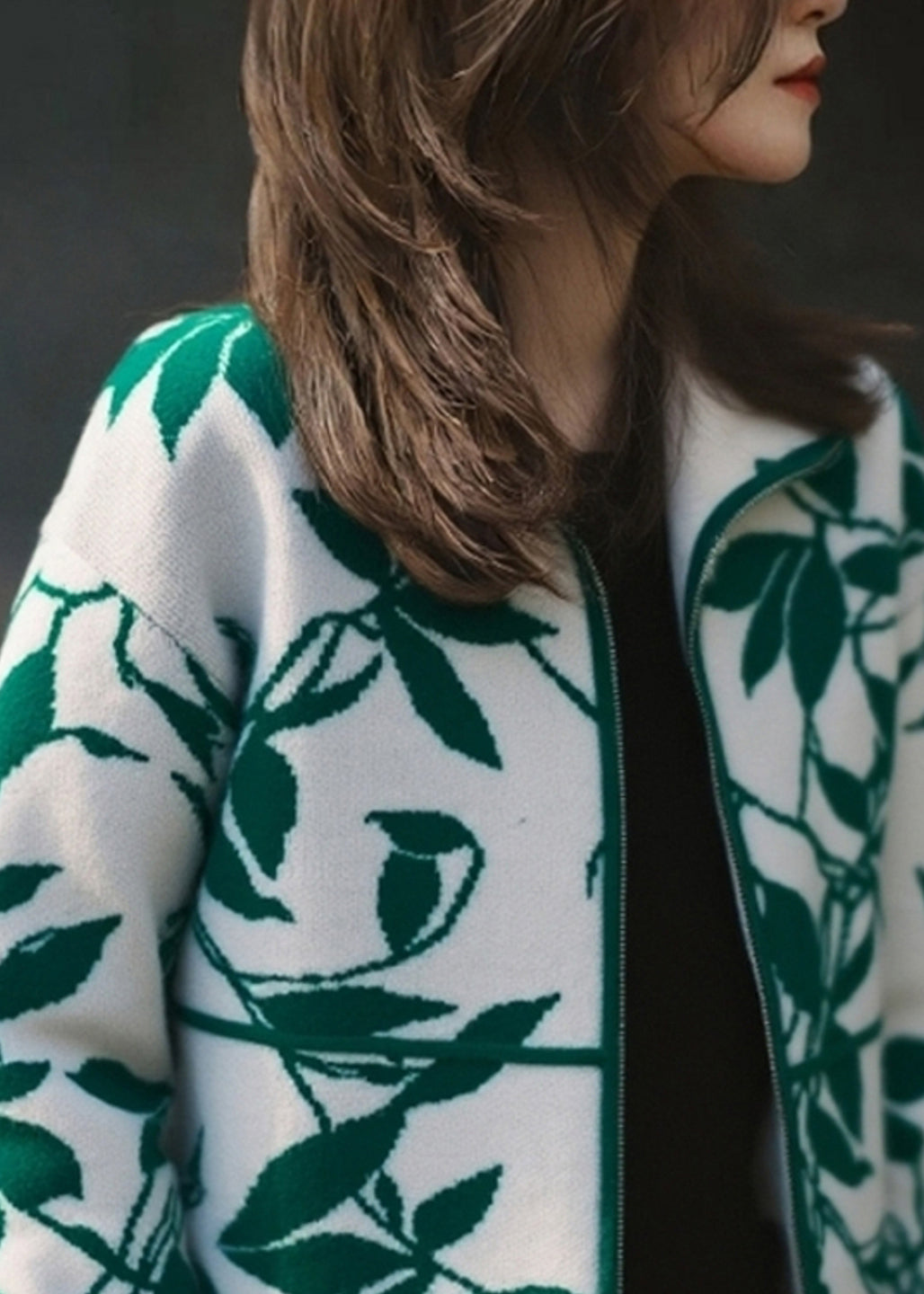Green Zippered Patchwork Cotton Knit Cardigans Fall